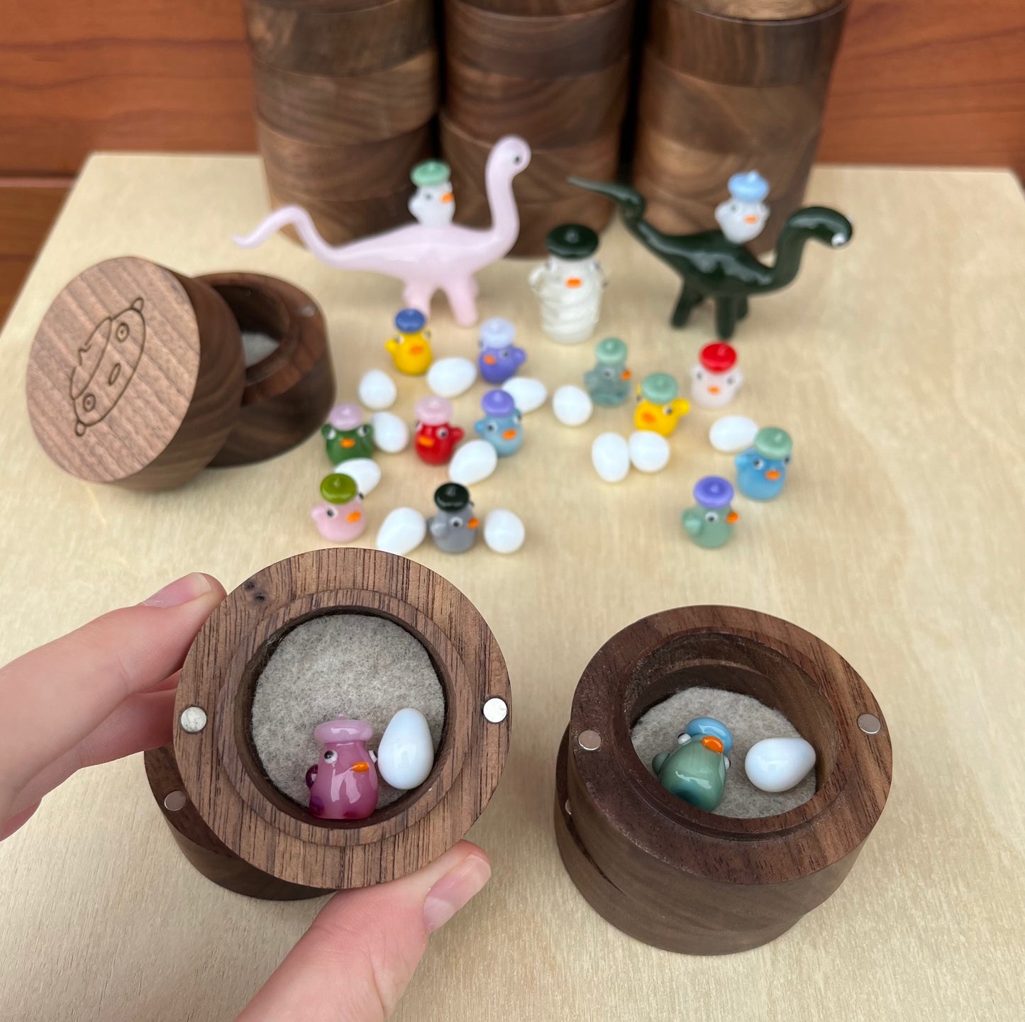 Commission for Muneera: Eggs, Personalized Mini Ducks, Dinos, Latticino Duck, and Boxes
