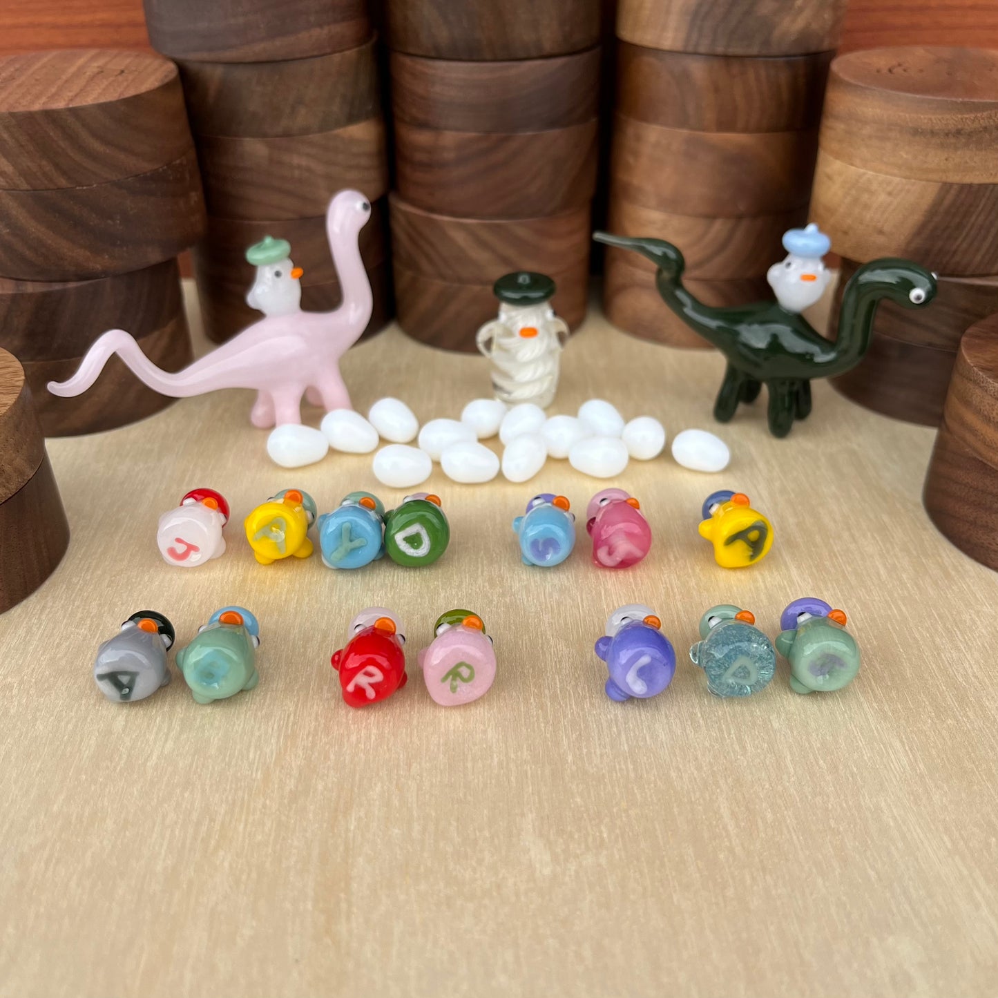 Commission for Muneera: Eggs, Personalized Mini Ducks, Dinos, Latticino Duck, and Boxes